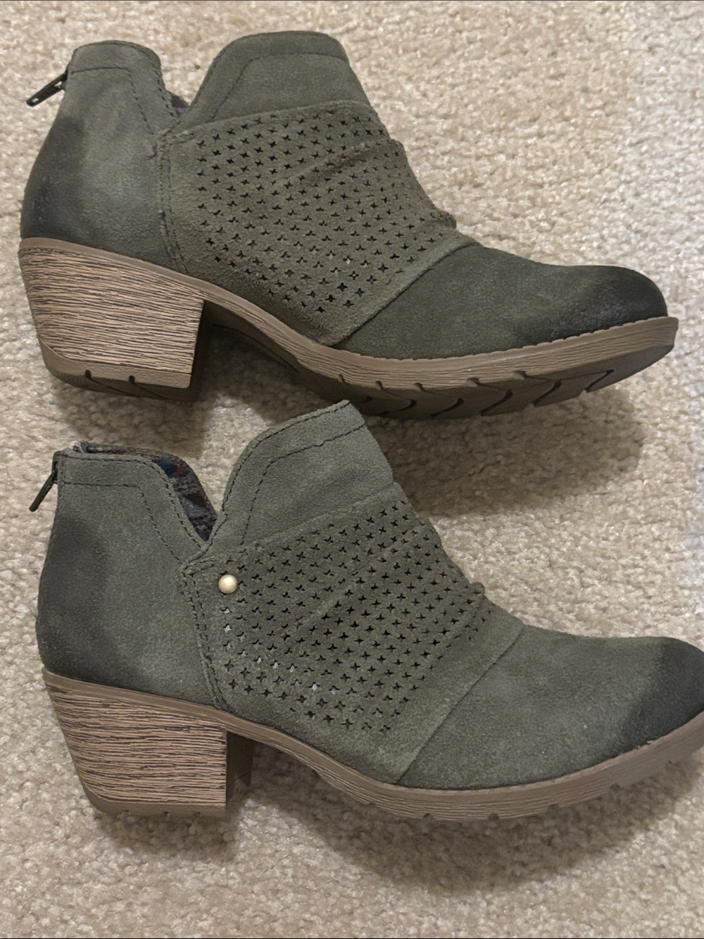 Earth Origins Amanda Olive Green Suede Perforated Ankle Booties